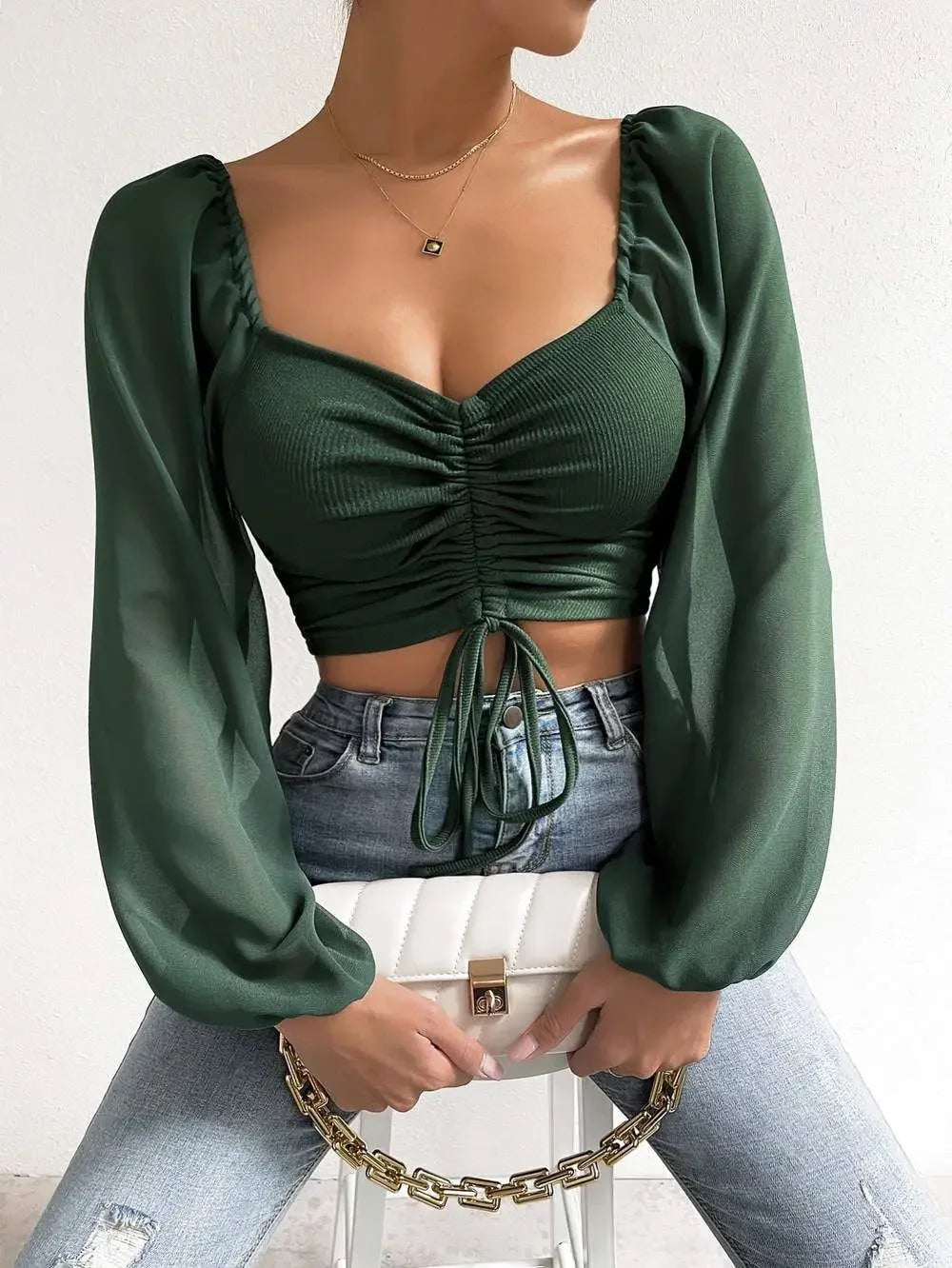 Plus Size Women Tops Drawstring Front Sheer Sleeve Crop T-Shirt Plunge