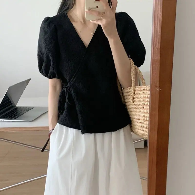 Blouses Women Summer Korean Style V-neck Design Simple Puff Sleeve