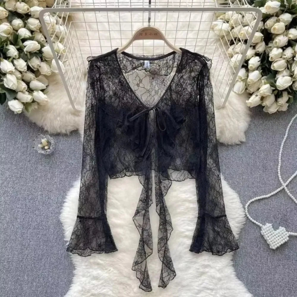 Women's Lace Cover UP Cardigan Cropped Tie Front Bell Sleeves Blouse