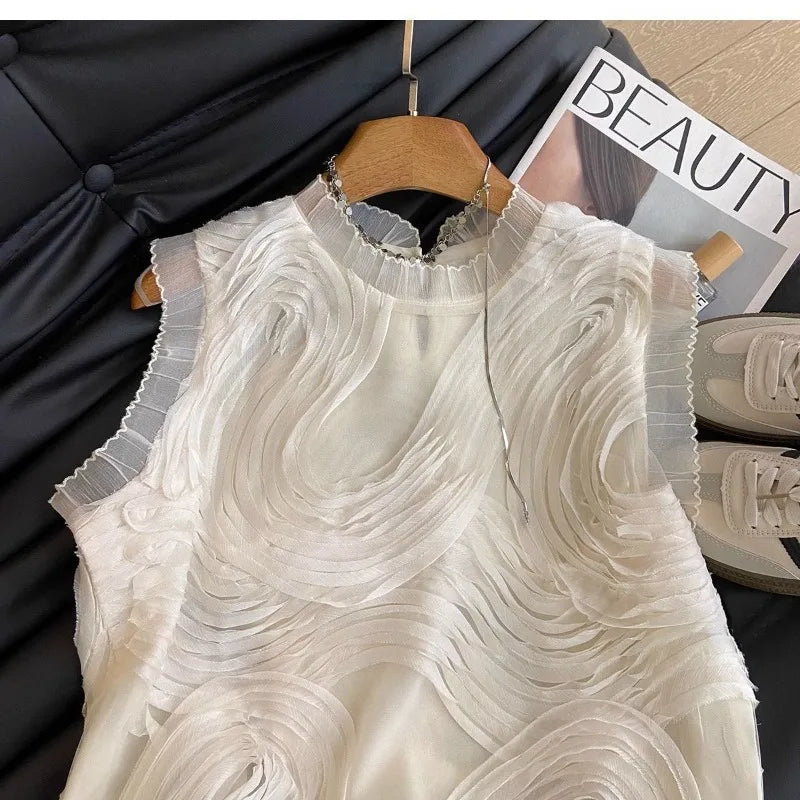 2025 Summer French Style Elegant Ruffled Sleeveless Chiffon Blouse