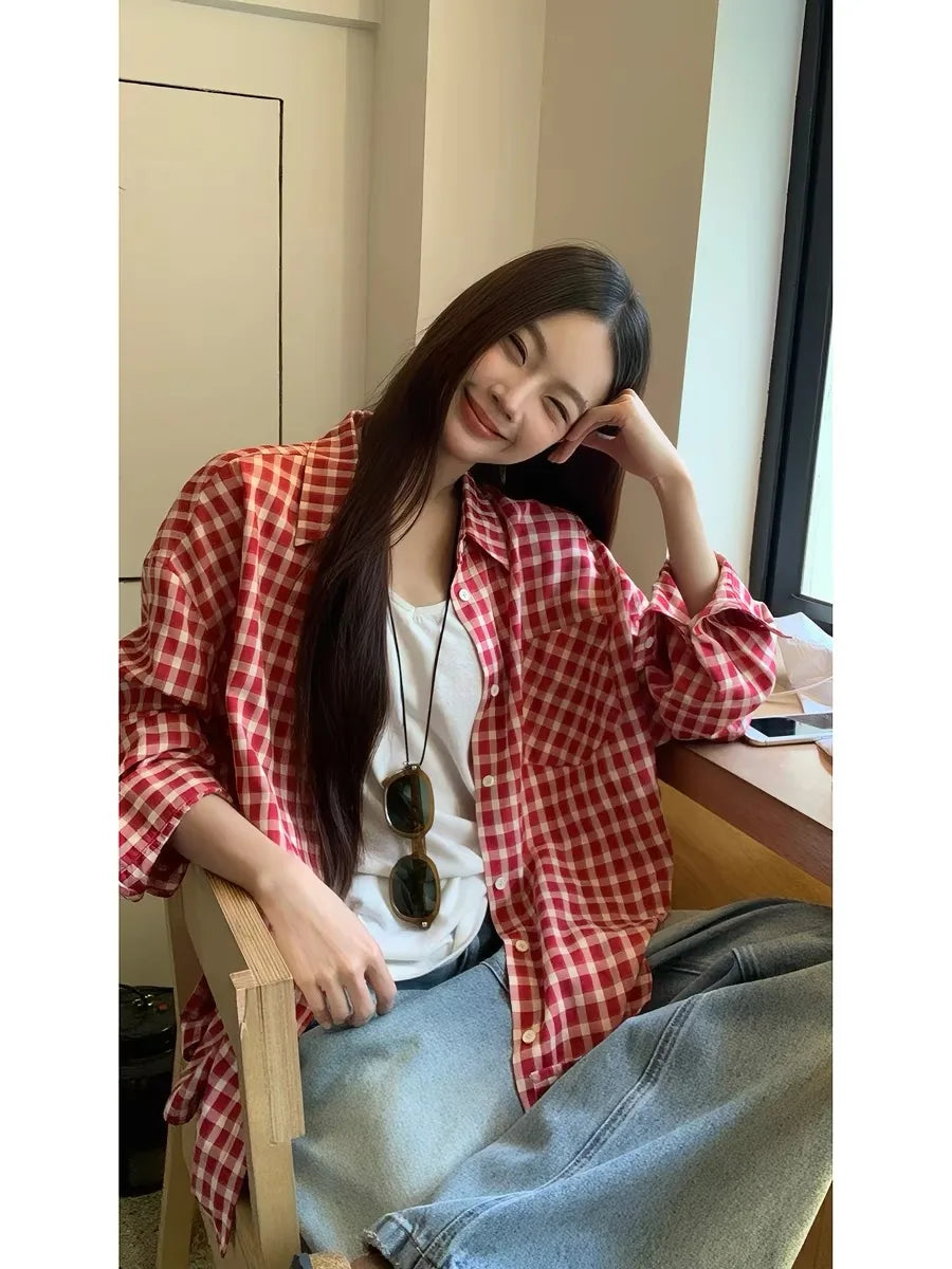 2026 Y2k Autumn Women New Vintage Red Plaid Turn-down Collar