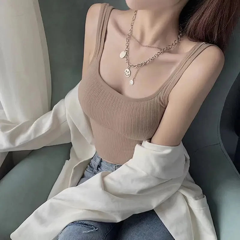 Seamless Crop Top Women Underwear Wire-Free U-Shaped Camisole Wide