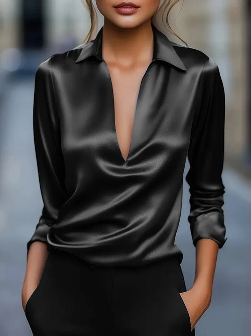 Satin Elegant Blouse for Women Long Sleeve Sexy V-neck Turn Down