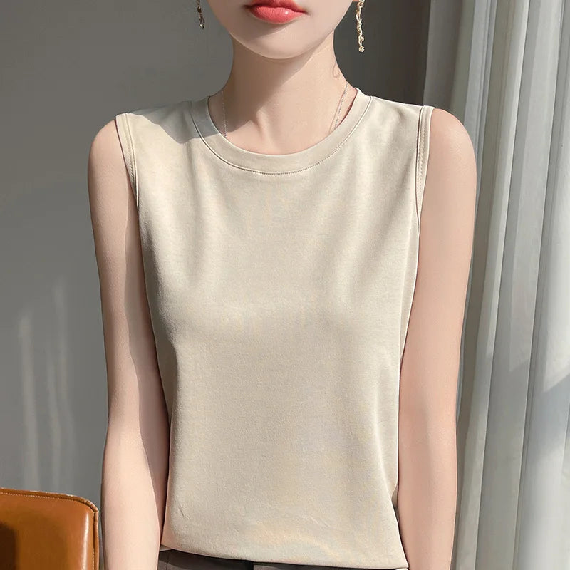 Spring And Summer 100% Cotton Round Neck Sleeveless T-shirt Women's