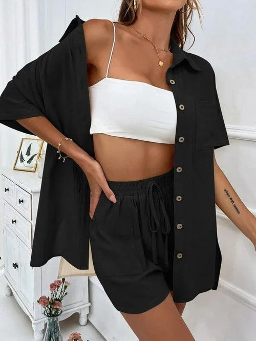 2 Pieces Women Sets Summer Solid Color Short Sleeve Open Stitch Button