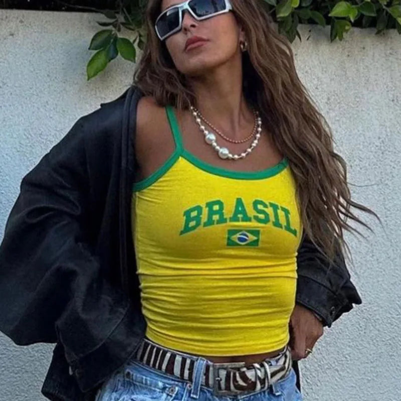 Women Summer BRASIL Letter Print Crop Tops Fashion Spaghetti Strap