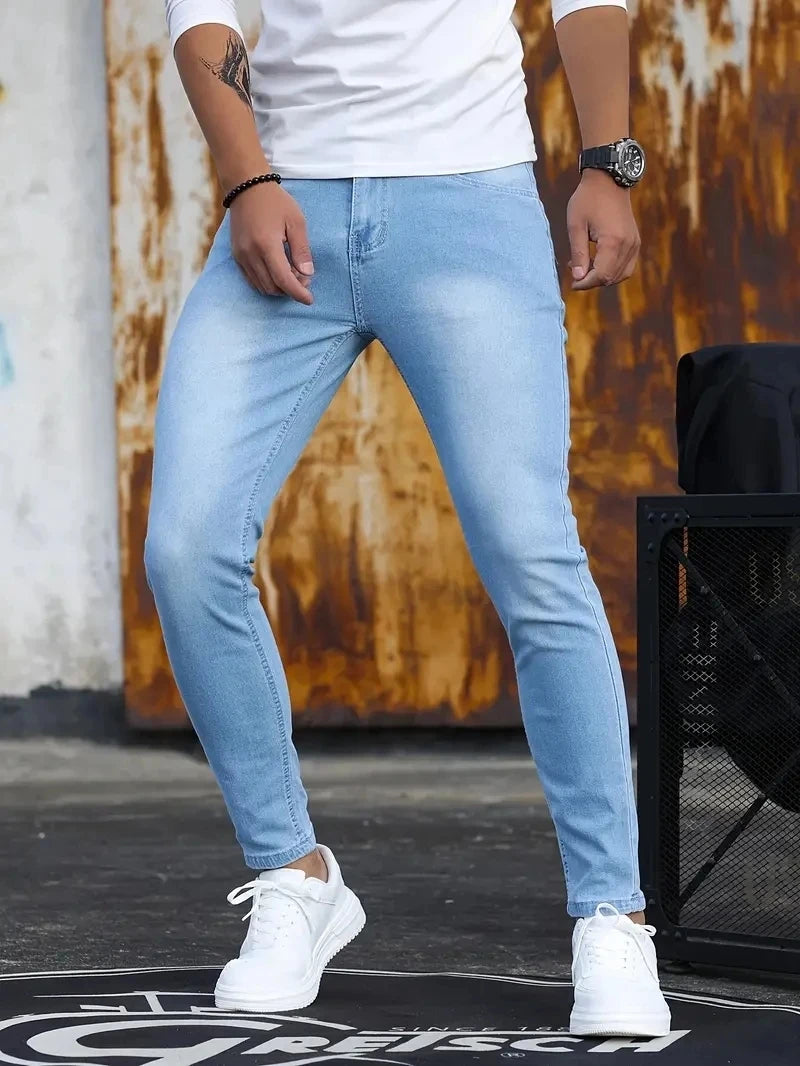 Men Jeans Skyblue Black Zipper Stretch Jeans Casual Slim Fit Trousers