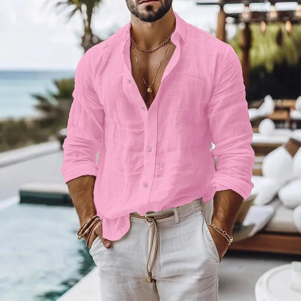 Cotton Linen Shirt for Men Summer Beach Style Solid Color Single