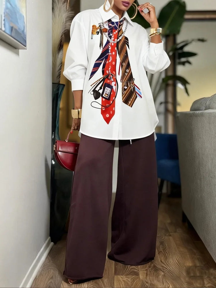 Yeezzi 2026 New Trendy Tie Printed White Shirts For Women Puff Sleeves