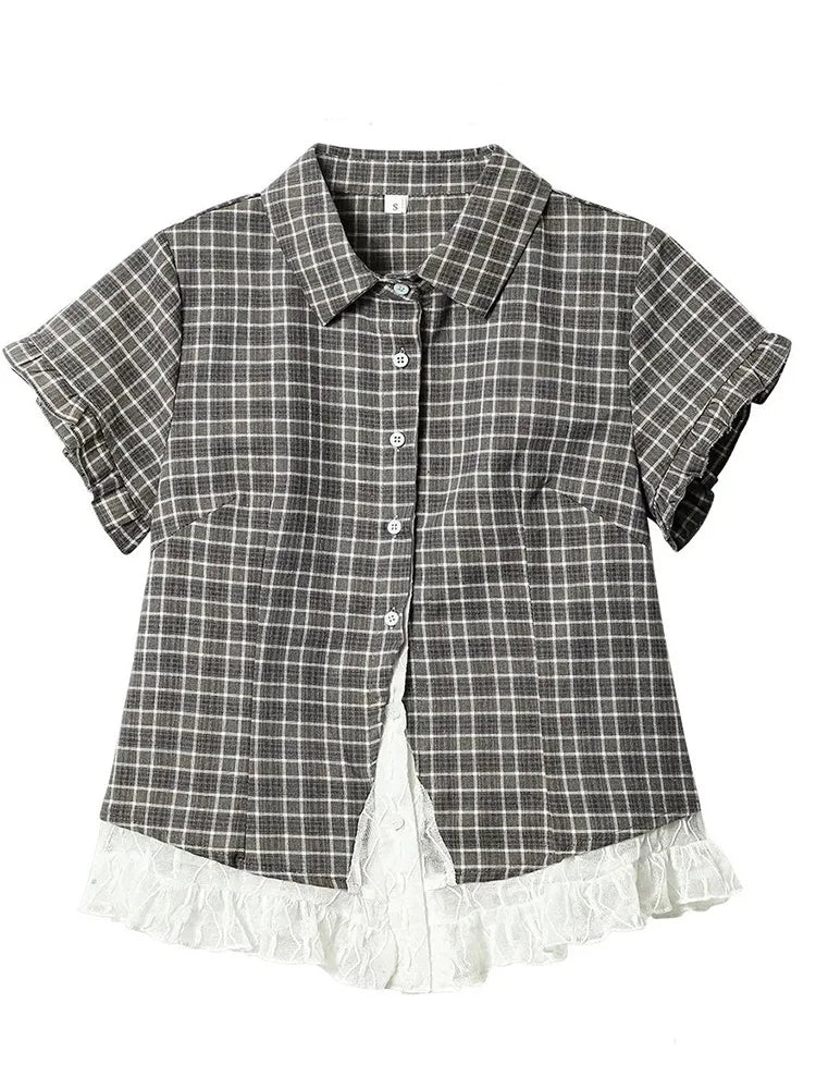 Lace Patchwork Plaid Shirt Women Summer Sweet Short Sleeve Vintage