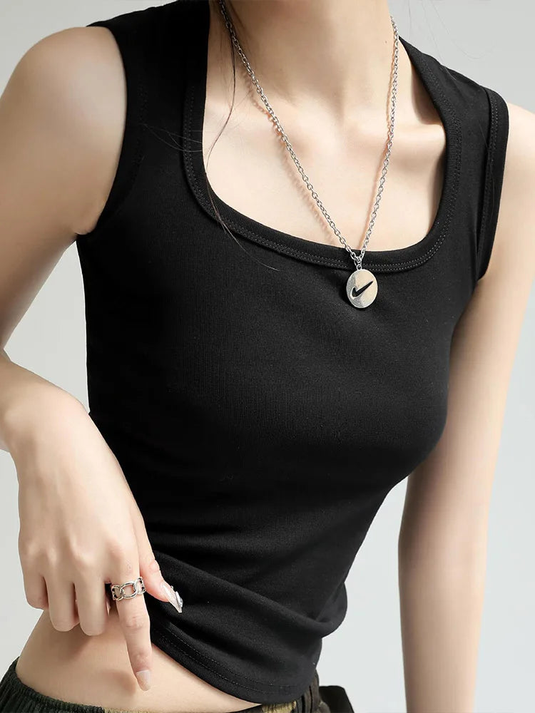 Solid U Neck Ribbed Camisole Summer Basic ElasticWomen