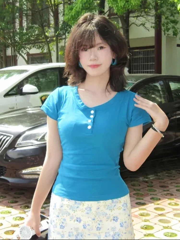 Teal Henley Top Women Short Sleeve Slim Fit V Neck Button Down Y2K