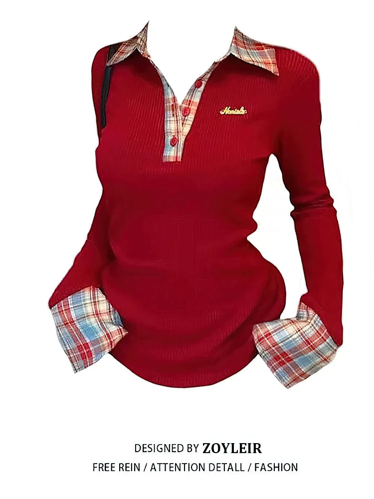 Preppy Polo Neck Plaid Long Sleeve Layered T Shirt Women Fake