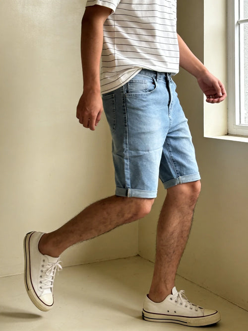 Men Slim Fit Elastic Blue Denim Jorts Casual Street Style Drip Design
