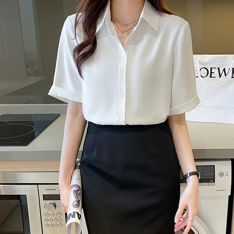 Summer Short Sleeve V-Neck Chiffon Shirt Women's Clothing 2024 Spring