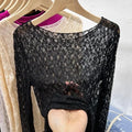 Sexy and slightly transparent black lace shirt women long sleeved
