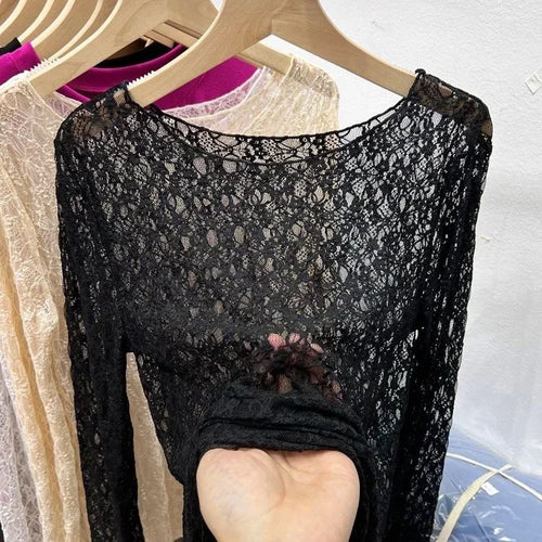 Sexy and slightly transparent black lace shirt women long sleeved