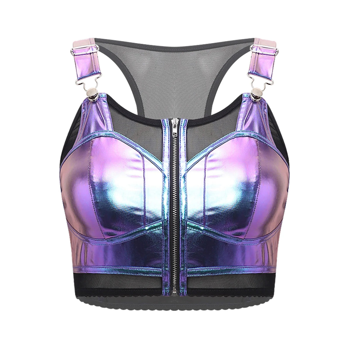 Women Metallic Shiny Punk Style Vest Crop Top Sheer Mesh Adjustable