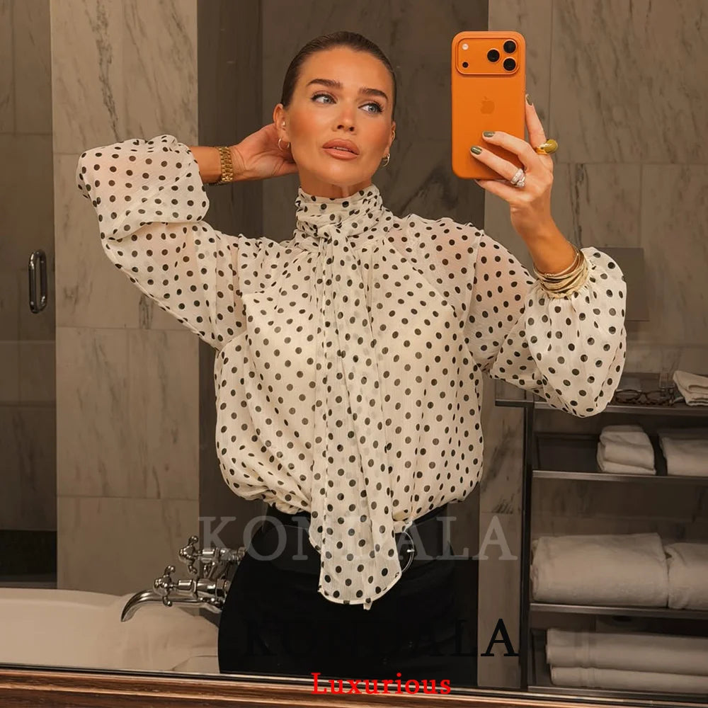 KONDALA Casual Chic Polka Dot Shirts Women Bow Tie Long Sleeve White