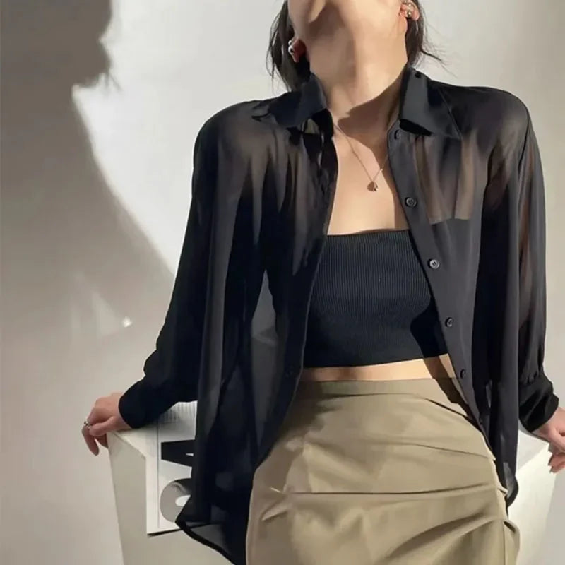 SMVP Chiffon Blouse for Women 2025 New Summer Sheer Mesh Long Sleeve