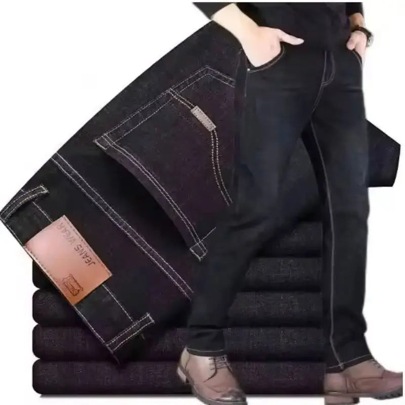 New men's straight leg jeans classic black blue micro elastic casual