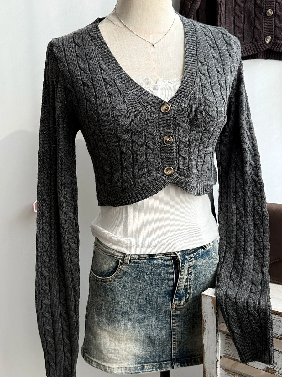Twisted Flower Cropped Knitwear Women Cotton V-neck Single Breasted