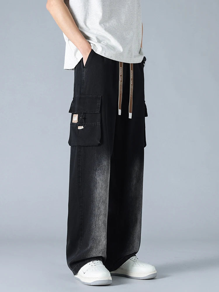 Summer Men's Straight Jeans Multi-Pockets Wide Leg Denim Cargo Pants
