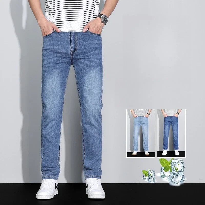 Men's Ice Silk Denim Cargo Pants Summer New Thin Business Casual Jeans