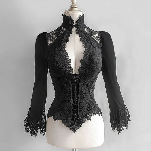Goth Y2k Top Women Girls Black Slim Fit Elegant Court Lace See-Through