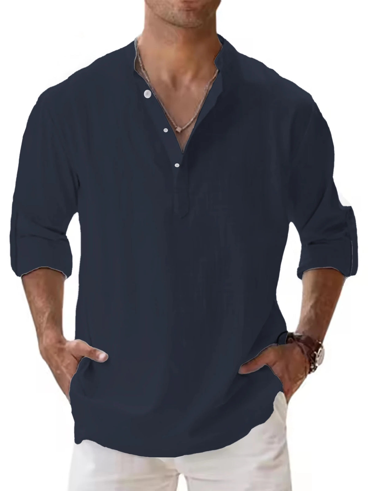Men's Cotton Linen Henley Shirt Casual Long Sleeve Loose Fit Basic