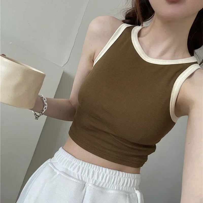 Spring Summer Color Block Sleeveless Vest Outerwear Pure Color Strap