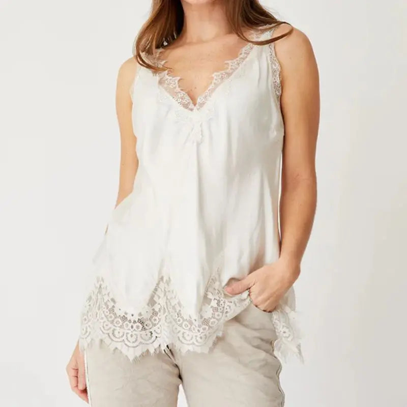Women Y2k Satin Lace Trim Patchwork Camisole Silk Spaghetti Strap