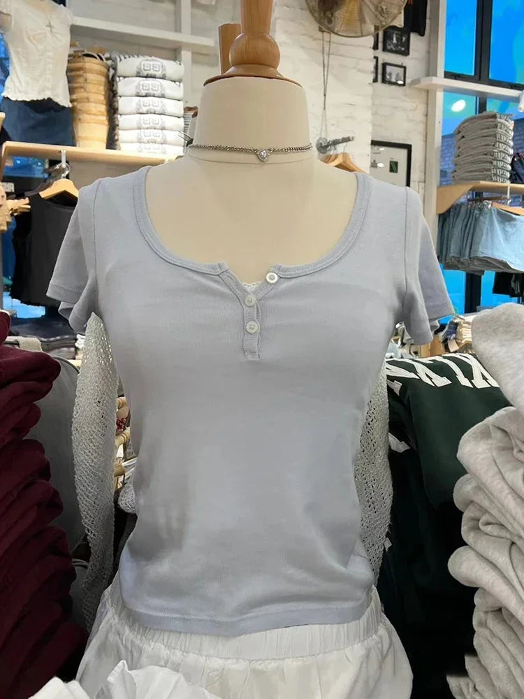 New Blue Three Buttons Slim Crop Top Summer O-neck Cotton Short Sleeve