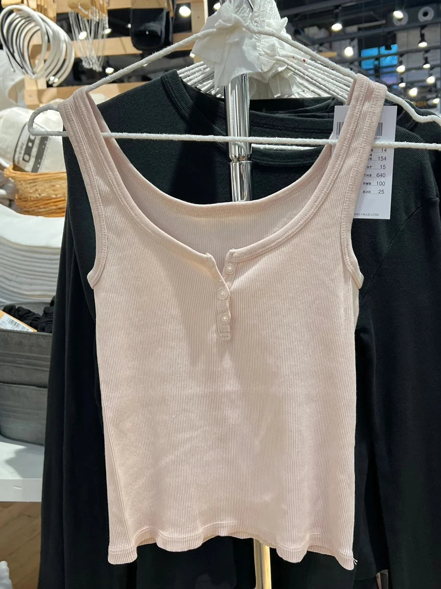 Sweet Pink Ribbed Basic Crop Top Women Summer Three Buttons Sleeveless