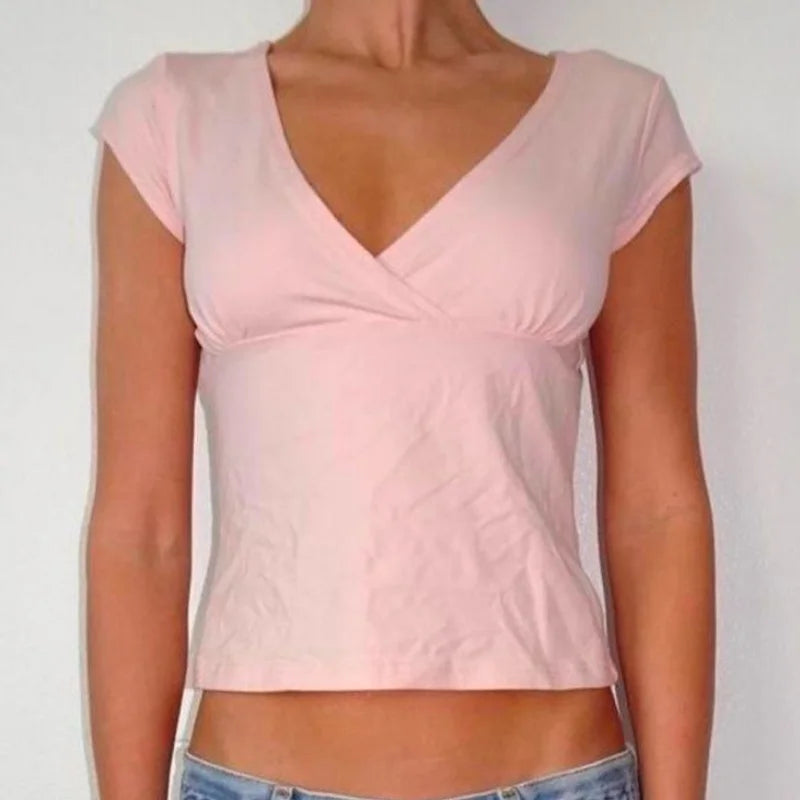 Women V Neck Cap Sleeve T Shirt Twist Front Slim Fit Basic Tee Y2k