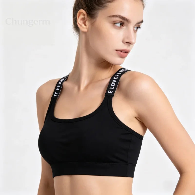 CHUANGERM Women's Seamless Sports Crop Top Wide Letter Straps Wireless