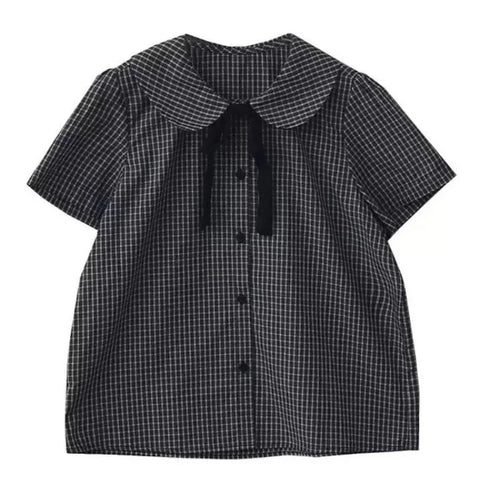 Deeptown Vintage Black Plaid Shirts Women Preppy Short Sleeve Peter