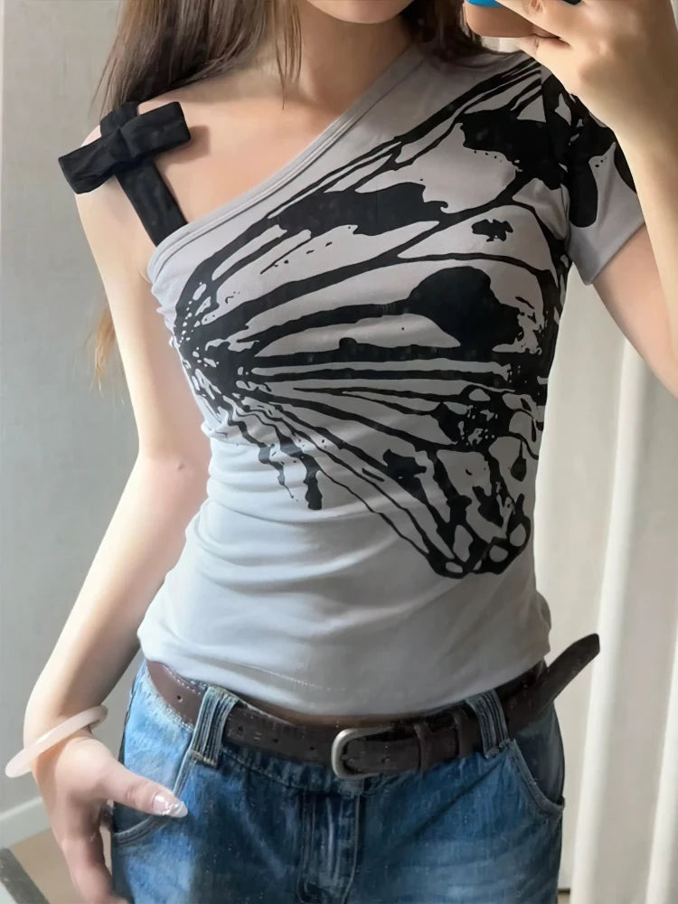 Sexy Off shoulder Summer T shirt Women Korean Harajuku Aesthetic Print