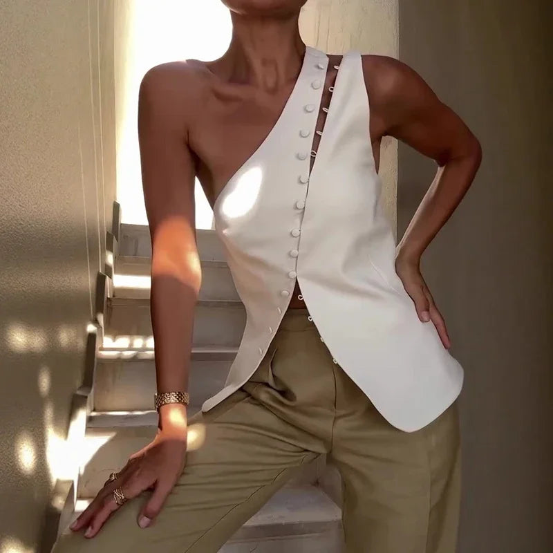 Casual Sleeveless Slim Fit Strap Blouses Summer Simple Solid Color
