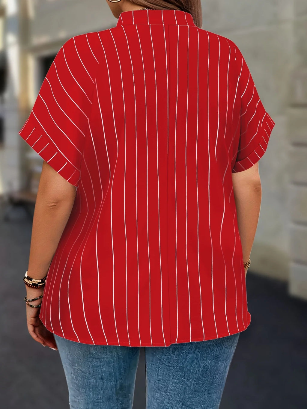 Gadinus White Plus Size Striped Blouse Women V Neck Button Front Short