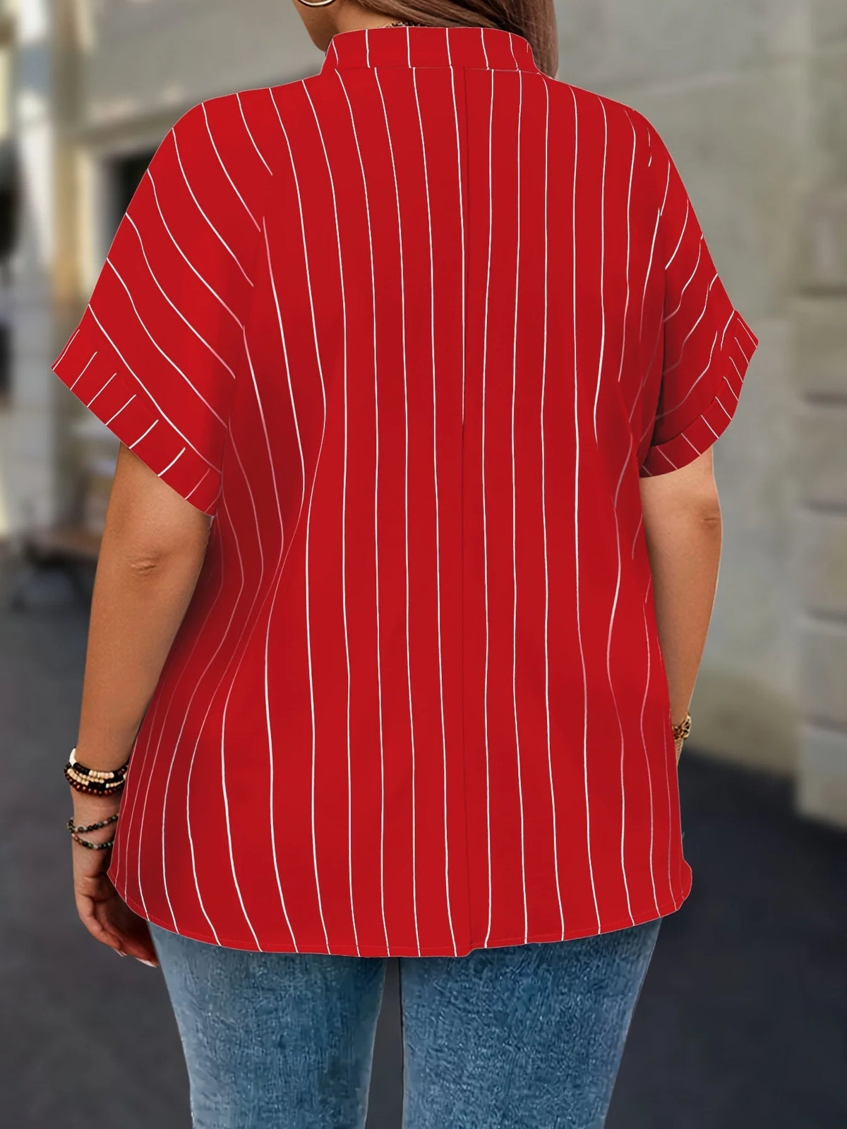Gadinus White Plus Size Striped Blouse Women V Neck Button Front Short