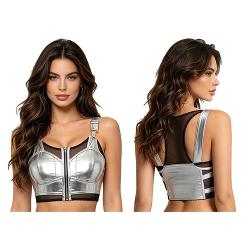Womens Punk Style Raves Crop Tank Top Metallic Shiny And Sheer Mesh