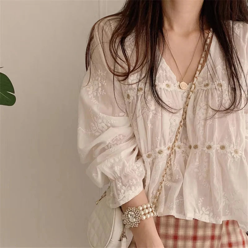 Women Fashion V-neck White Women Blouse Spring Flower Loose Hollow