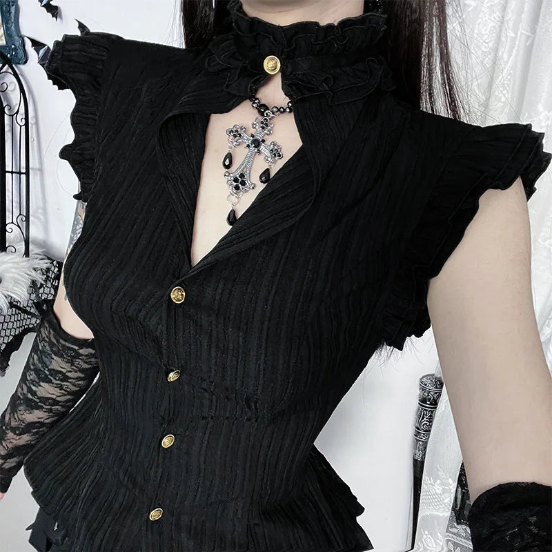 Goth Dark 90s Grunge Single Breasted Slim Wasit Shirt Blouses Women