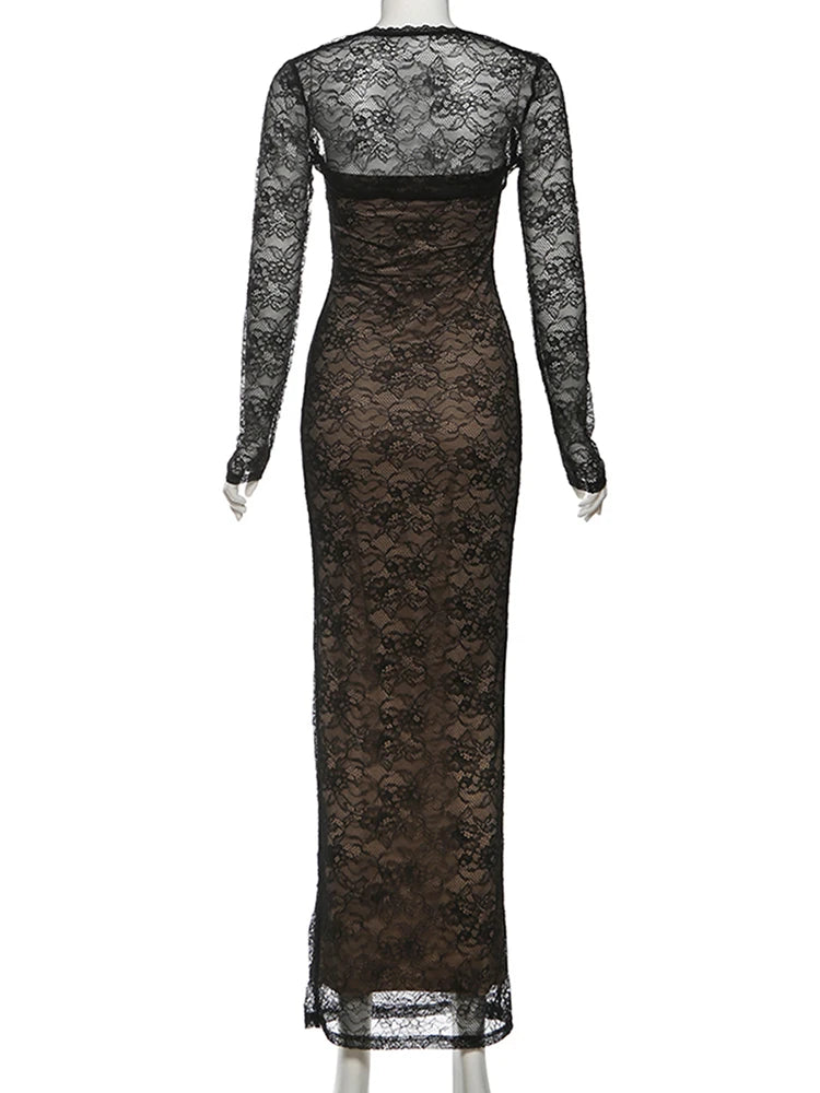 Nibber Coquett Low-Neck Maxi Dress+Lace Full Sleeve Crop tops Women