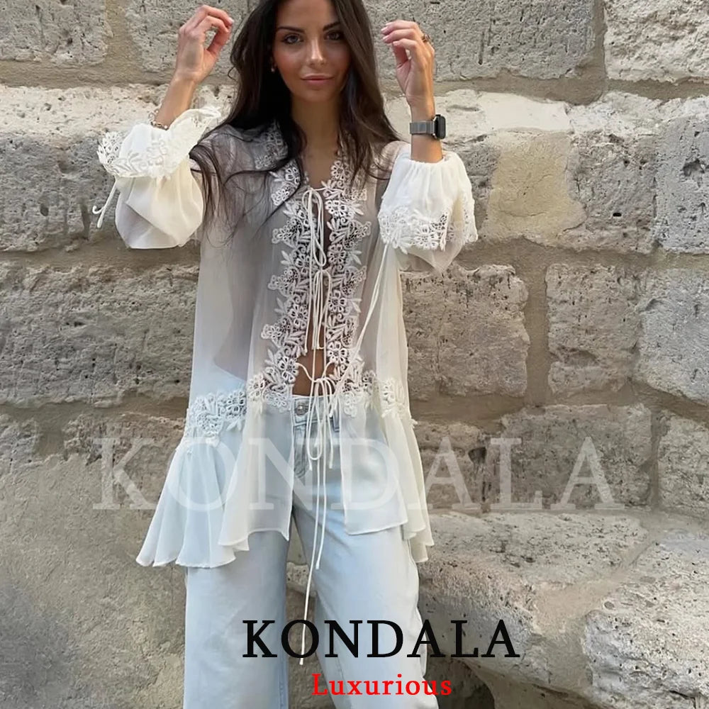 KONDALA Sexy Chiffon Transparent Women Blouses Bow Tie Patchwork Loose