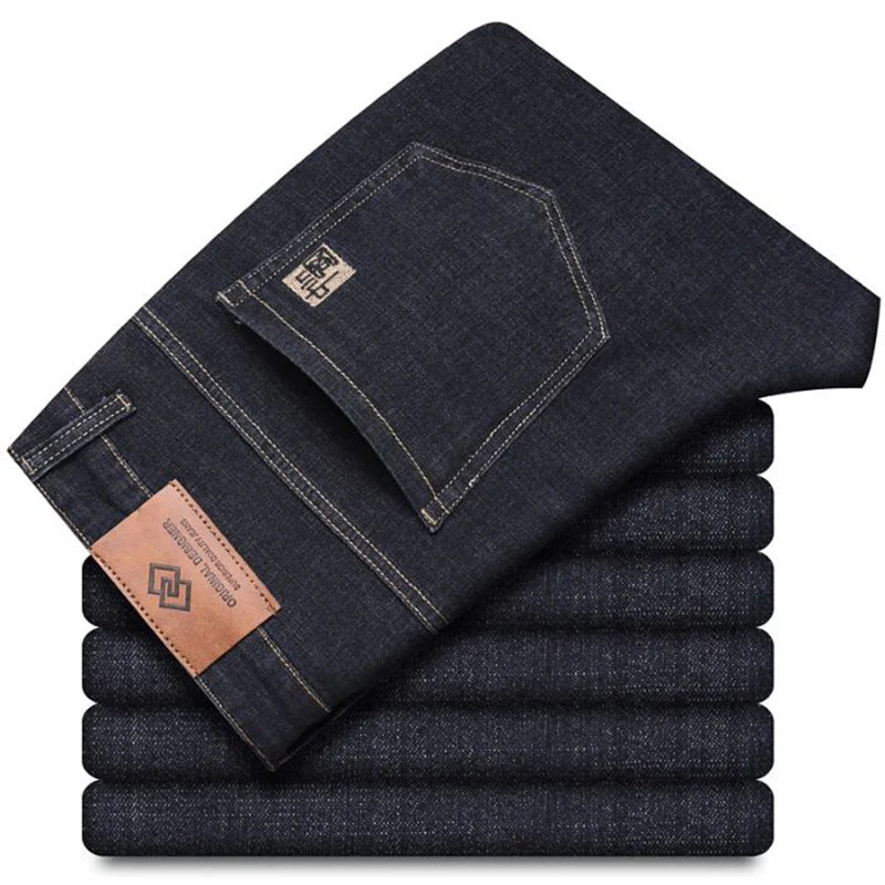 Men Spring Autumn Slim Fit Straight Leg Stretch Jeans Business Casual