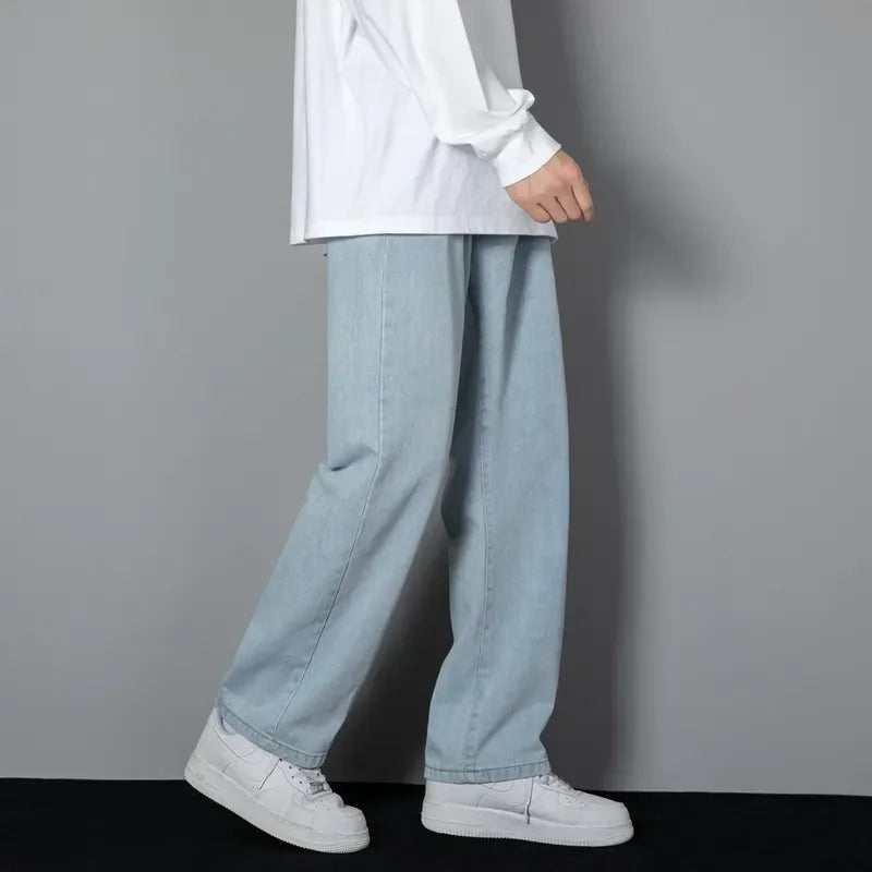 New Korean Men's Casual Long Jeans Classic Man Straight Denim Wide-leg