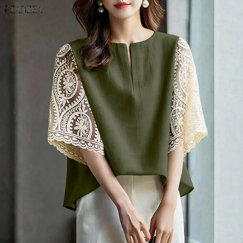 2026 Summer Lace Patchwork Blouse ZANZEA Women Elegant 3/4 Sleeve Work