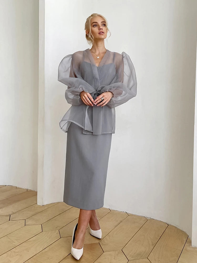 2023 Spring Summer Women Elegant Long Sleeve Solid Grey Mesh Shirt